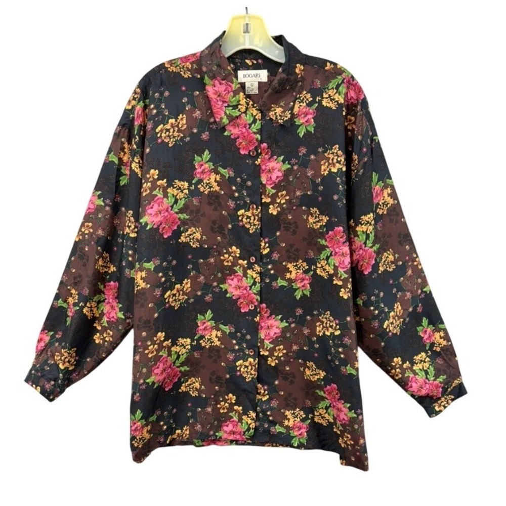 VTG Bogari Blouse Women Sz L 100% Silk Brown Floral Button Down Boho Cottagecore